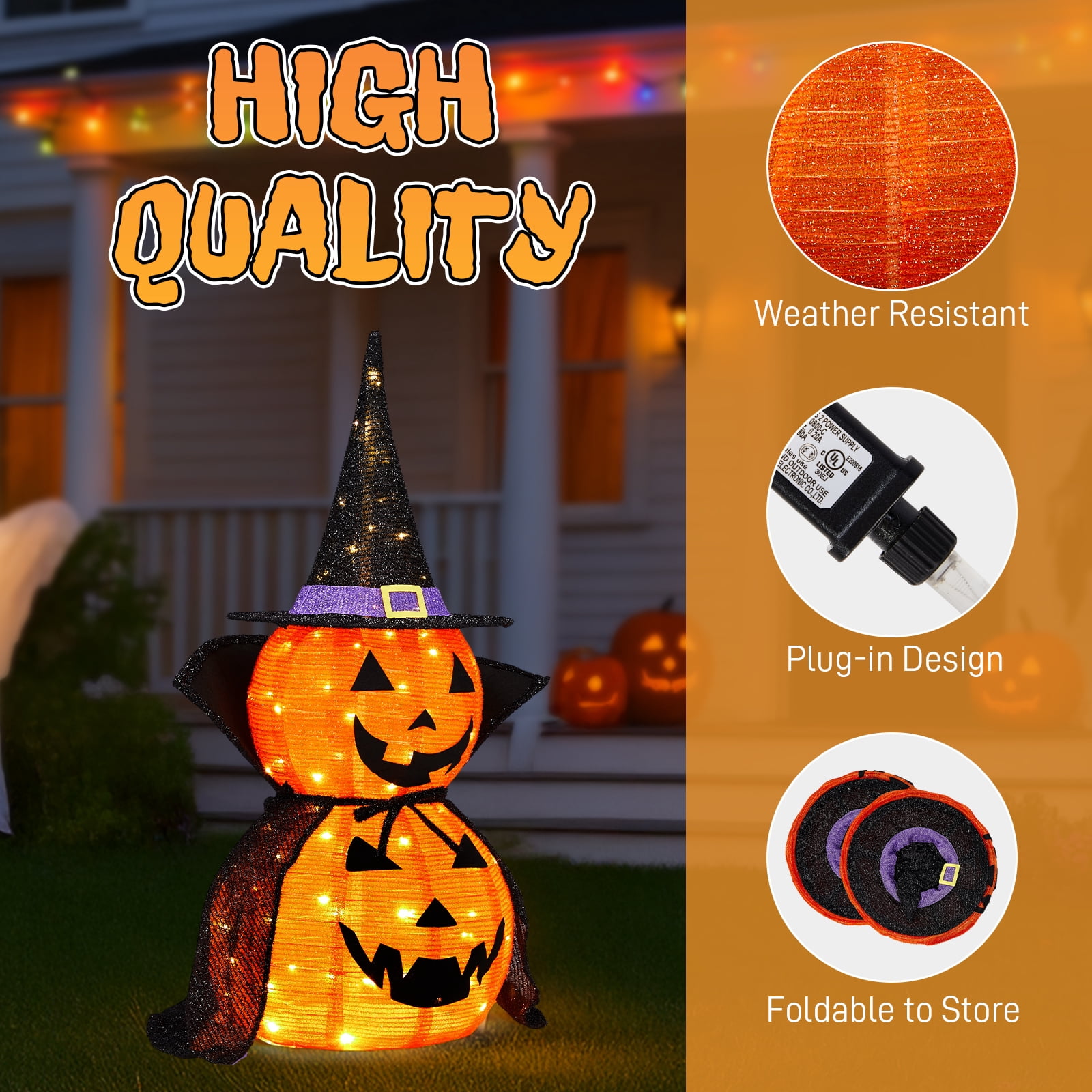 2Packs 3ft Collapsible Lighted Jack-O-Lantern Halloween Decor 176 LED Pop-Up Pumpkin Lamp Wizard Hat Cape Metal Frame For Indoor Outdoor Yard Decor