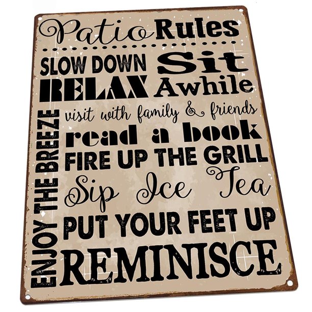 Outdoor Patio Rules 9"x12" Metal Sign, Wall Decor for Porch, Patio, or