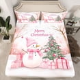 thumbnail image 3 of Feelyou Cute Pink Snowman Twin Sheet Sets for Kids, Dreamy Pine Tree Twin Fitted Sheet, Cartoon Christmas Tree Flat Sheet, Ultra Soft Bedroom Decor, 3-Piece, 3 of 8