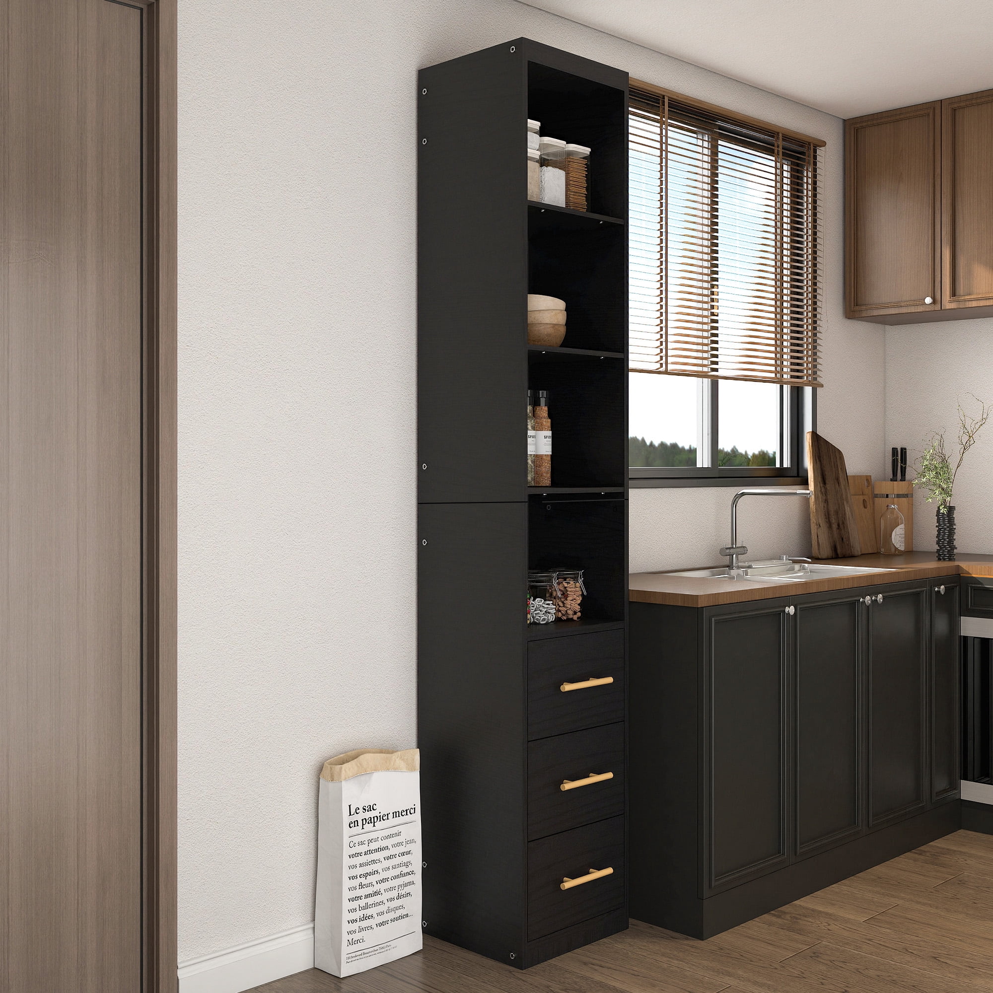 Mintazer 85" Narrow Tall Freestanding Storage Cabinet with 4‑Tier Open Shelves & 3 Drawers, Slim Floor Pantry Cabinet for Kitchen Bathroom Living Room Small Spaces, Black