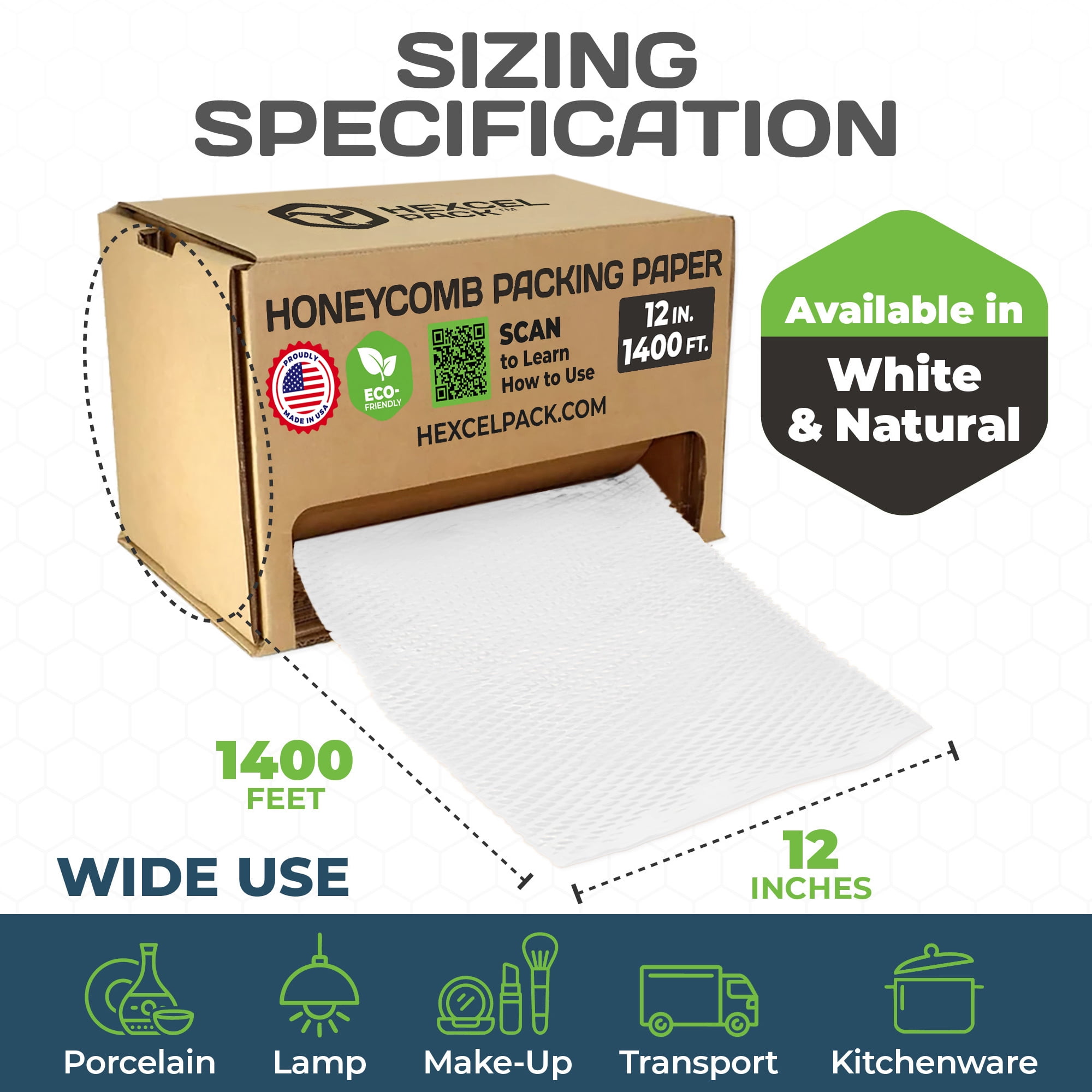 HexcelPack HexcelWrap Mini - Honeycomb Packing Paper, Eco-Friendly, Sustainable Paper Bubble Wrap for Shipping & Moving, Cushioned Packing Material in Easy Self-Dispenser Box - White, 12" x 1400'