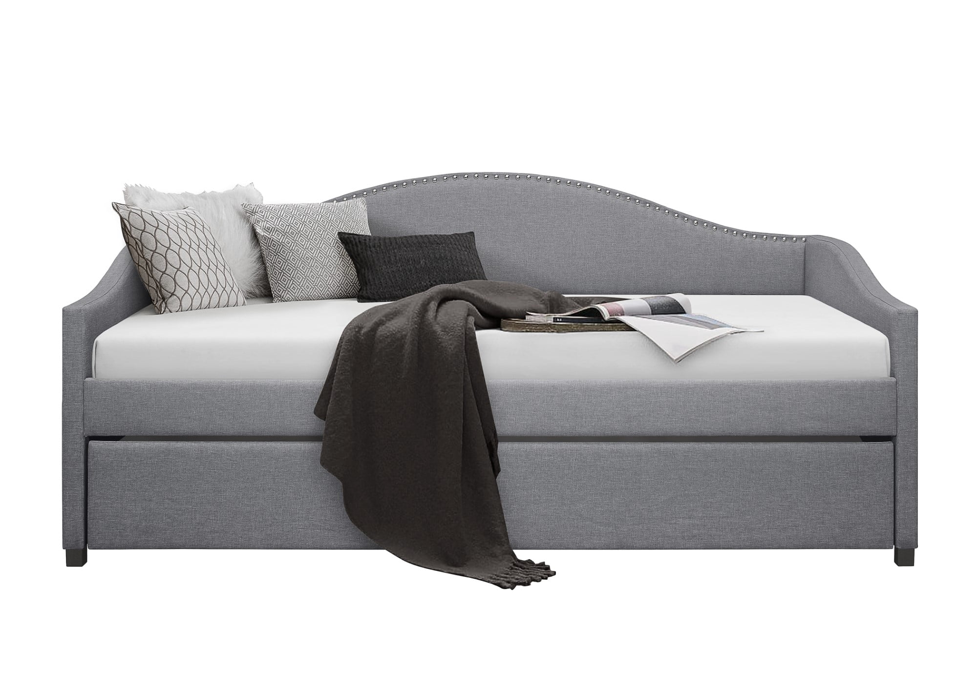 Home Design Nora Twin Daybed with Upholstered Frame, Camelback Backrest, Arched Arms, Nailhead Trim, and Pull-Out Trundle, Stylish Guest Bed, Light Gray