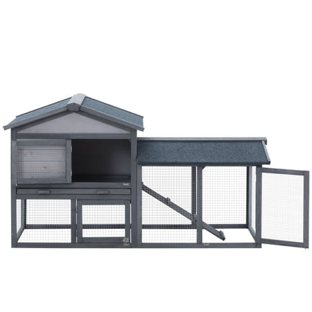 Dark Gray 58" Wooden Rabbit Hutch, 2-Tier Bunny Cage with Asphalt Roof, Run Area and Removable Tray