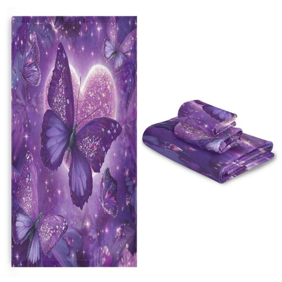 3 Sizes of Towel Sets Including Bath Towel Hand Towel and Washcloth for Daily Use Purple Diamond Butterfly