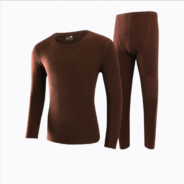 Jumpingount Ropa interior térmica de cuello para hombre, calzoncillos largos informales de Color sólido, conjunto de pantalones de manga larga de Ropa interior Café SG