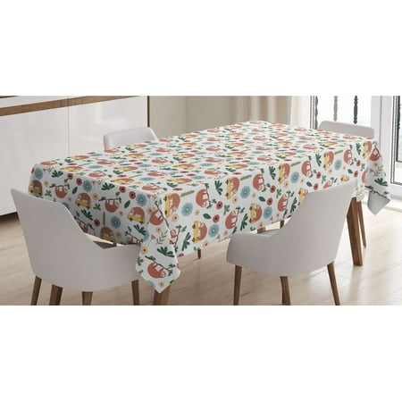 

Jungle Cartoon Tablecloth Flowers Leaves and a Sloth on a Bus with Branches Botany Scene Rectangle Satin Table Cover Accent for Dining Room and Kitchen 60 X 90 White and Multicolor by Ambesonne