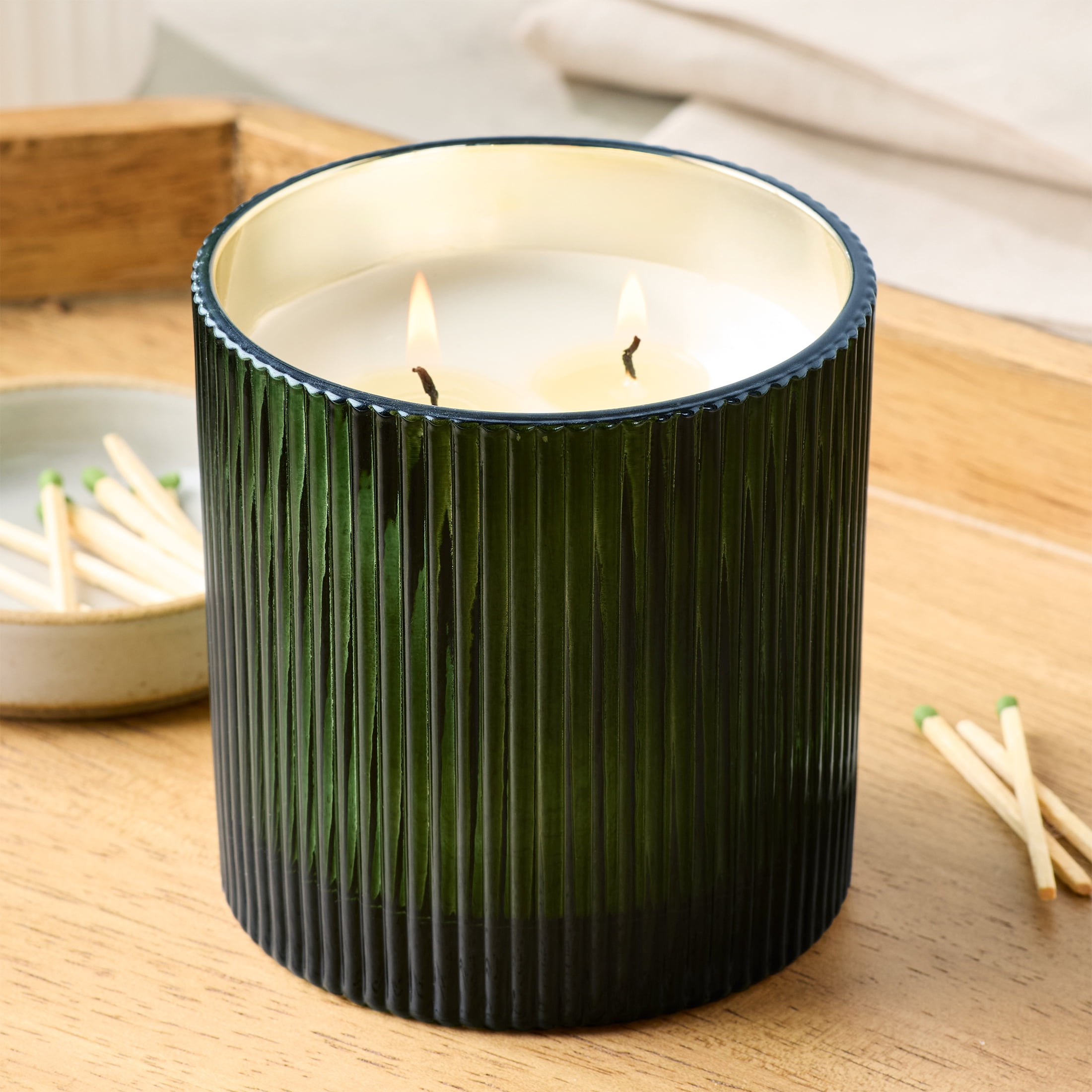 Better Homes & Gardens Fresh Cut Frasier Scented Cotton 2-Wicks Ribbed Mecury Glass Jar Candle with Wooden Lid 12oz