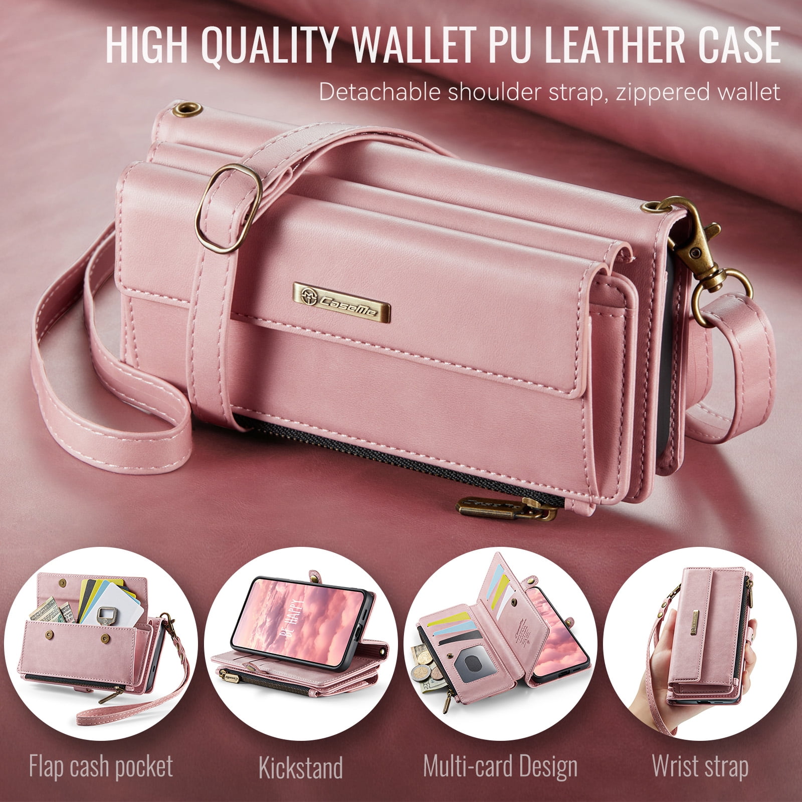 Decase Wallet Case for iPhone 16,Magnetic Flip Zipper Pocket PU Leather Phone Cover,Crossbody Flip Cover with RFID Card Slots,Pink