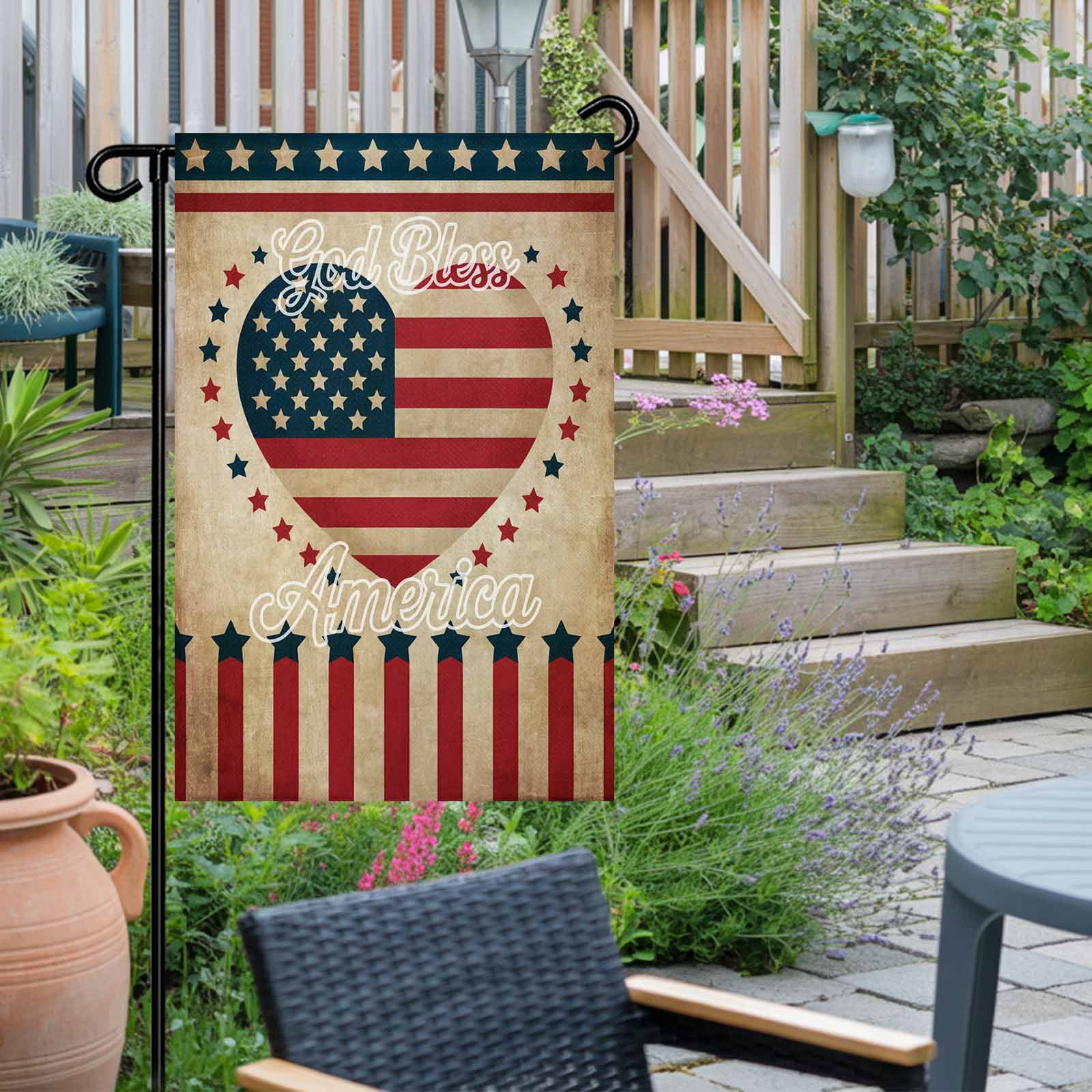 4th of July Garden Flags God Bless America Garden Flag Double Sided Welcome Flag Retro Patriotic Stars Stripes Heart Independence Day Yard Flags for Outdoor Lawn Porch Memorial Day Decor 28x40 Inch