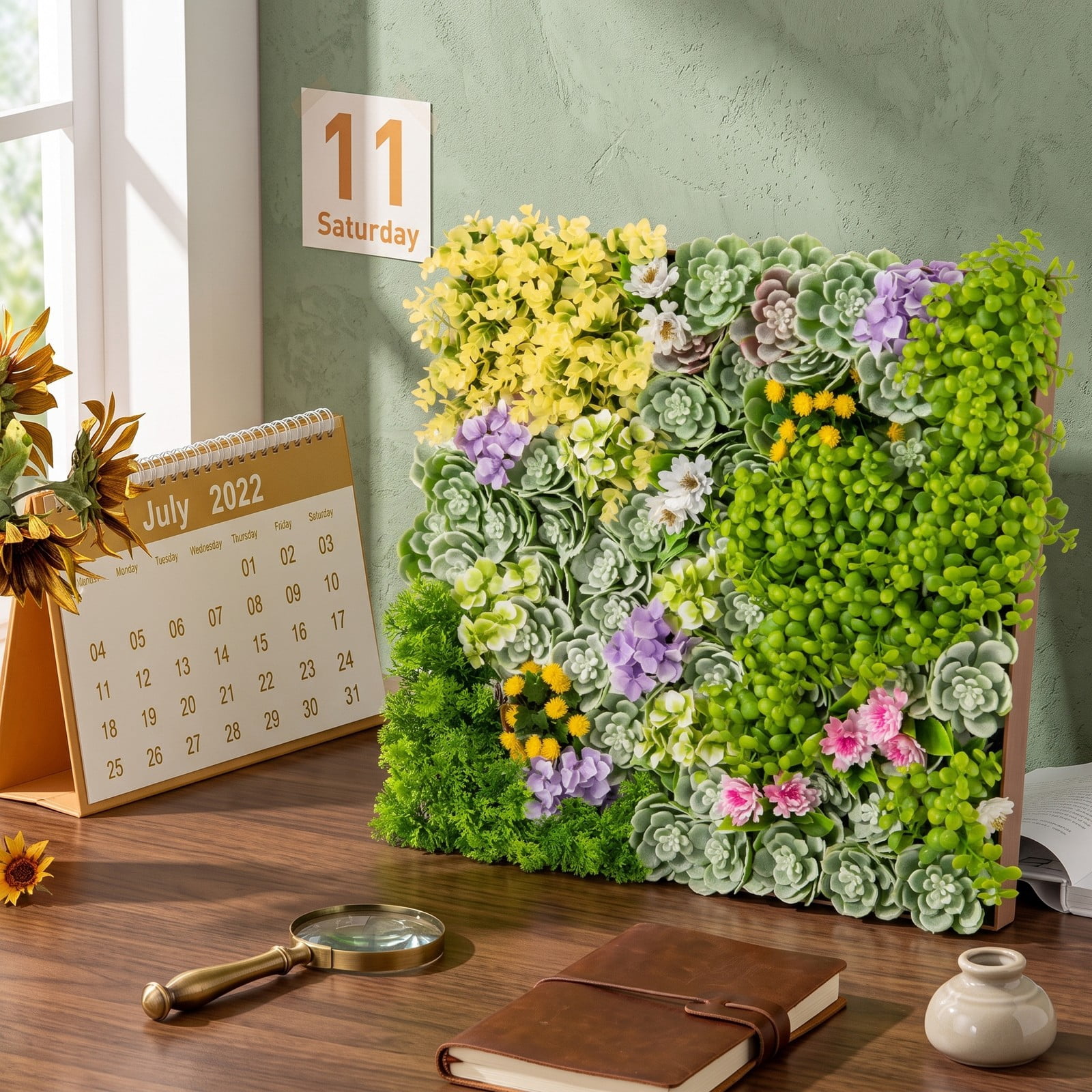 ALPULON 20 x 20 3D Artificial Greenery Panel, Hanging Succulents Faux Plant Wall with 10 Types of Mixed Greenery for Balcony Home Office Indoor, Green and Brown