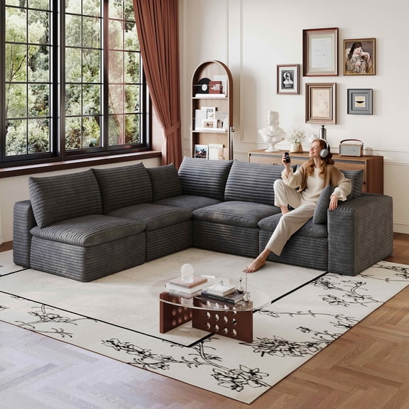 MAYEERTY 99×103-Inch Dark Gray Corduroy 5-Seat Cloud Modular Sofa, Deep Seat DIY Combination Couch with Removable Cushion No Assembly Required