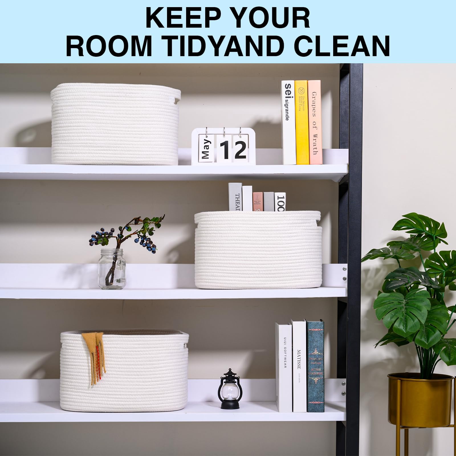 Woven Storage Basket,Large Cotton Rope Baskets for Organizing,decorative Baskets for Shelves,book Basket,Toy Basket or Storage Bins for Living Room (White,2PCS)