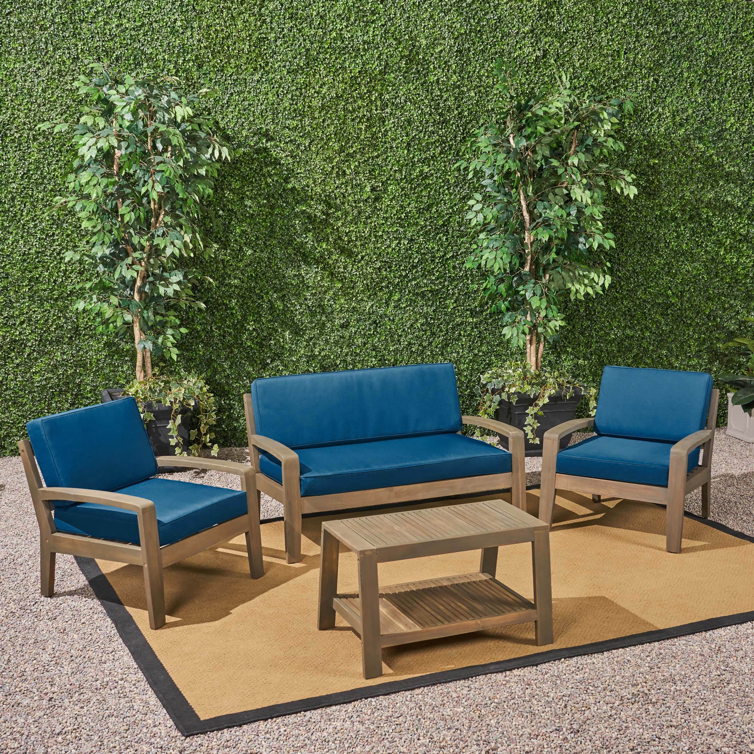 Wilcox Outdoor 4 Piece Acacia Wood Conversation Set With Cushions Gray Dark Teal Walmart Com Walmart Com