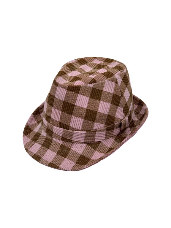 Gingham Check Fedora Hat - Manhattan Trilby Corduroy Banded For Men Women LD61570 (Pink)