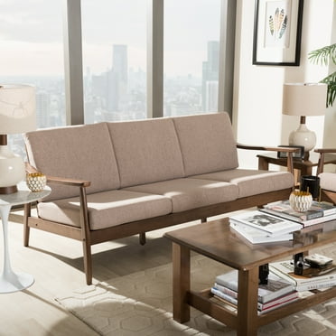 HomeStock Contemporary Cool Walnut Wood Light Brown Fabric Upholstered 3-Seater Sofa