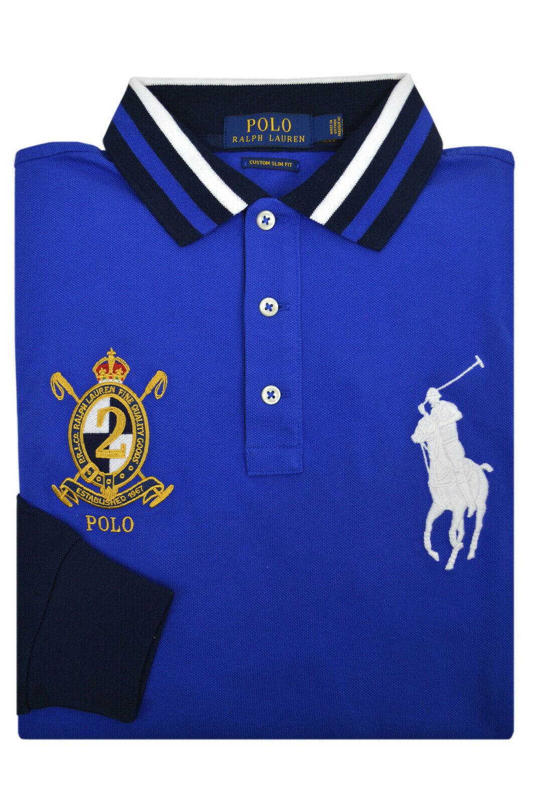 New Polo Ralph Lauren Mens Blue Striped Collar L/S Big Pony Polo Shirt