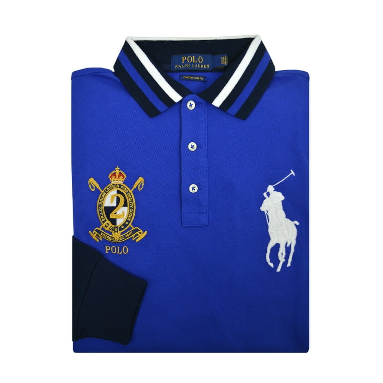 New Polo Ralph Lauren Mens Blue Striped Collar L/S Big Pony Polo