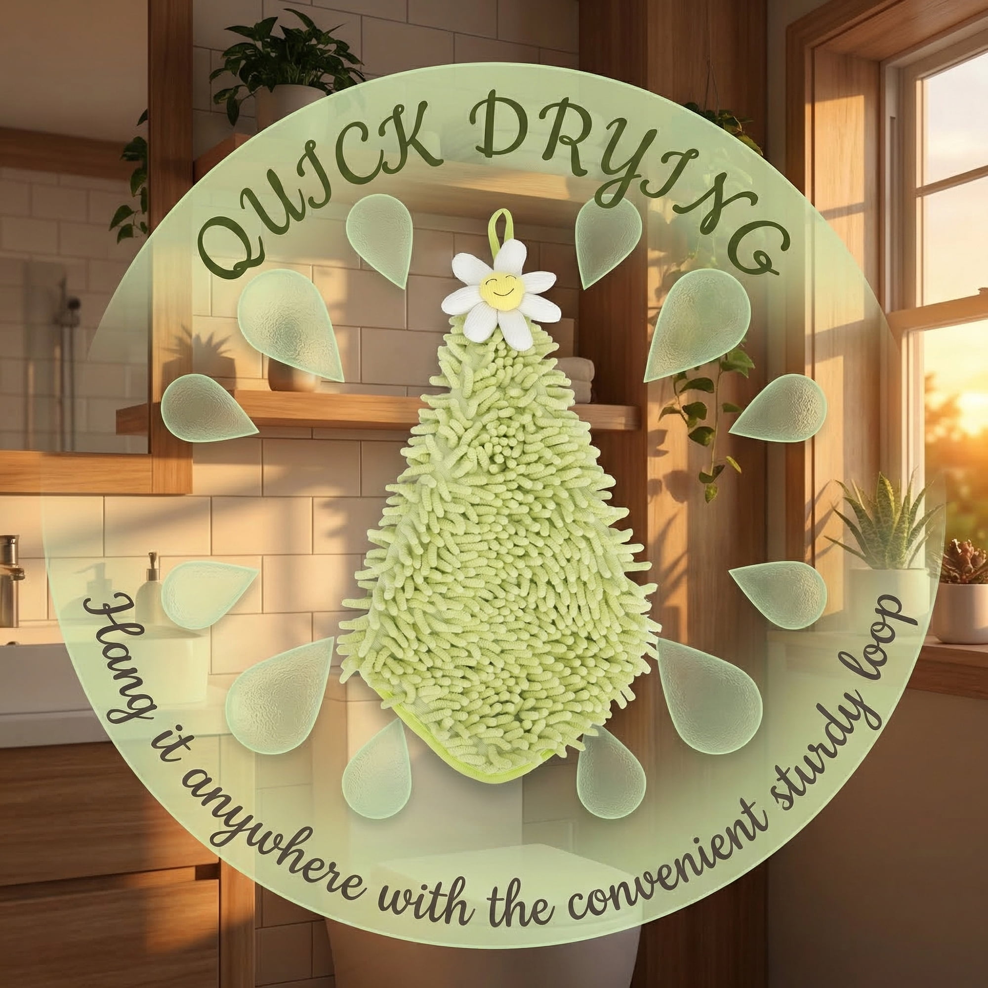 Unique Bargains Soft Absorbent Quick Dry Cute Flower Chenille Hand Towels Green 12" x 12"