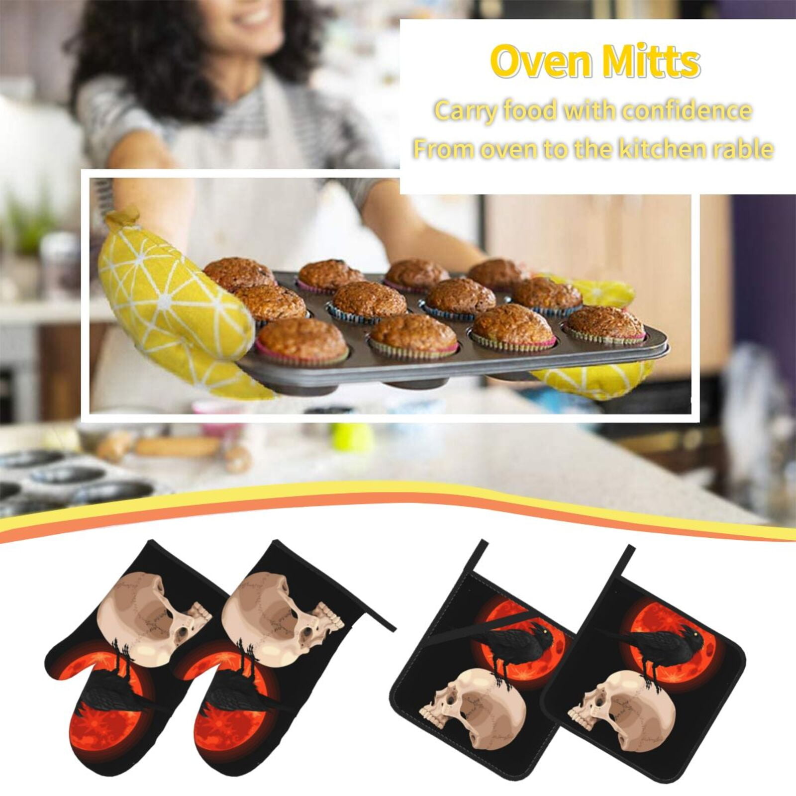 Raven Skull Red Moon 4Pcs Oven Mitts and Pot Holders Sets Oven Kitchen Gloves Hot Pads for Cooking BBQ Baking Grilling