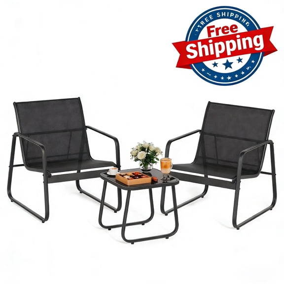 Lofka 3 Pieces Patio Chairs Set with Glass-Top Coffee Table, Outdoor Bistro and Patio Furniture Set for Porch,Backyard,Balcony, Black