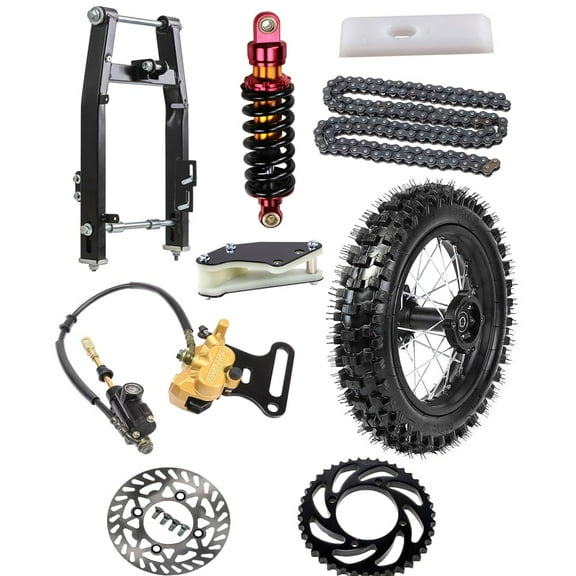 80/100-12 3.00-12 inch Tire Wheel and Rim   Swing Arm   Brake Caliper Assembly  428 Chain Sprocket  285mm Rear Shock for Pit Dirt Bike Apollo SSR 110cc 125cc 140cc CRF XR 70 50 (12mm bearing)