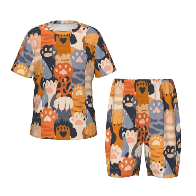 Fotbe Cute Cat Paw Pijama Estampada de 2 Piezas para Niños – Ropa de Dormir de Manga Corta Cómoda para Niños y Niñas, Camiseta y Shorts de Algodón-Medium