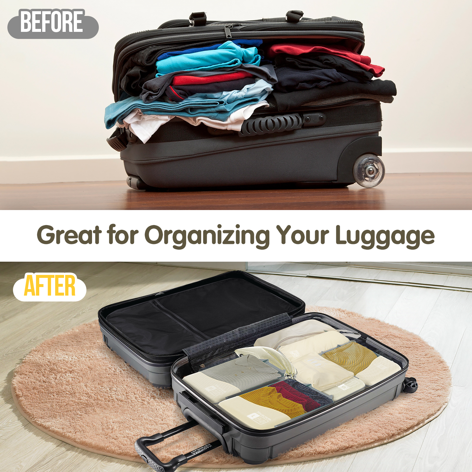Compression Packing Cubes 8 Set, Dual Zipper Compression Packing Cubes for Travel, See-Through Mesh Packing Bags for Suitcases, packing cubes with shoe bag (Beige)
