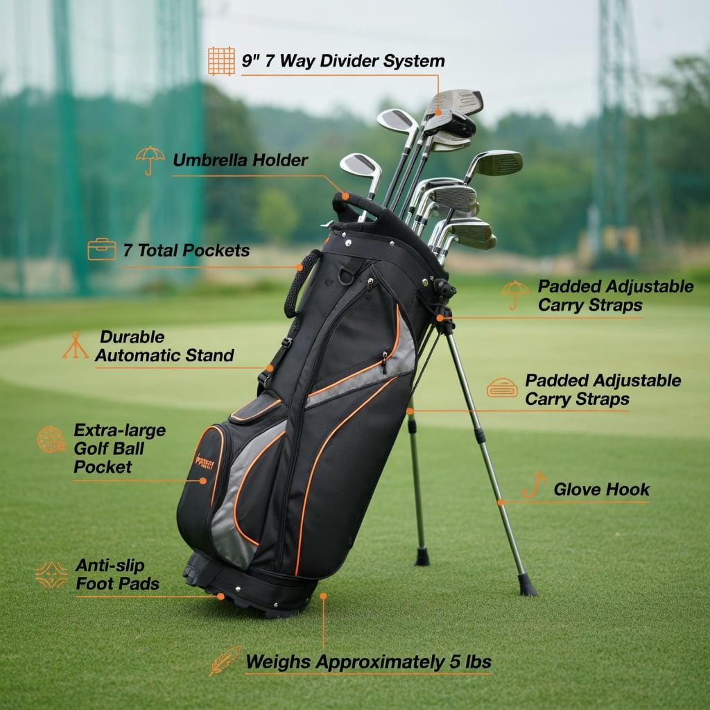 Demifill 9 Inch Golf Bag with 7 zipper pockets, Golf Stand Bag Divider Carry Pockets Storage, Small Lightweight Golf Bag for Outdoor, Black