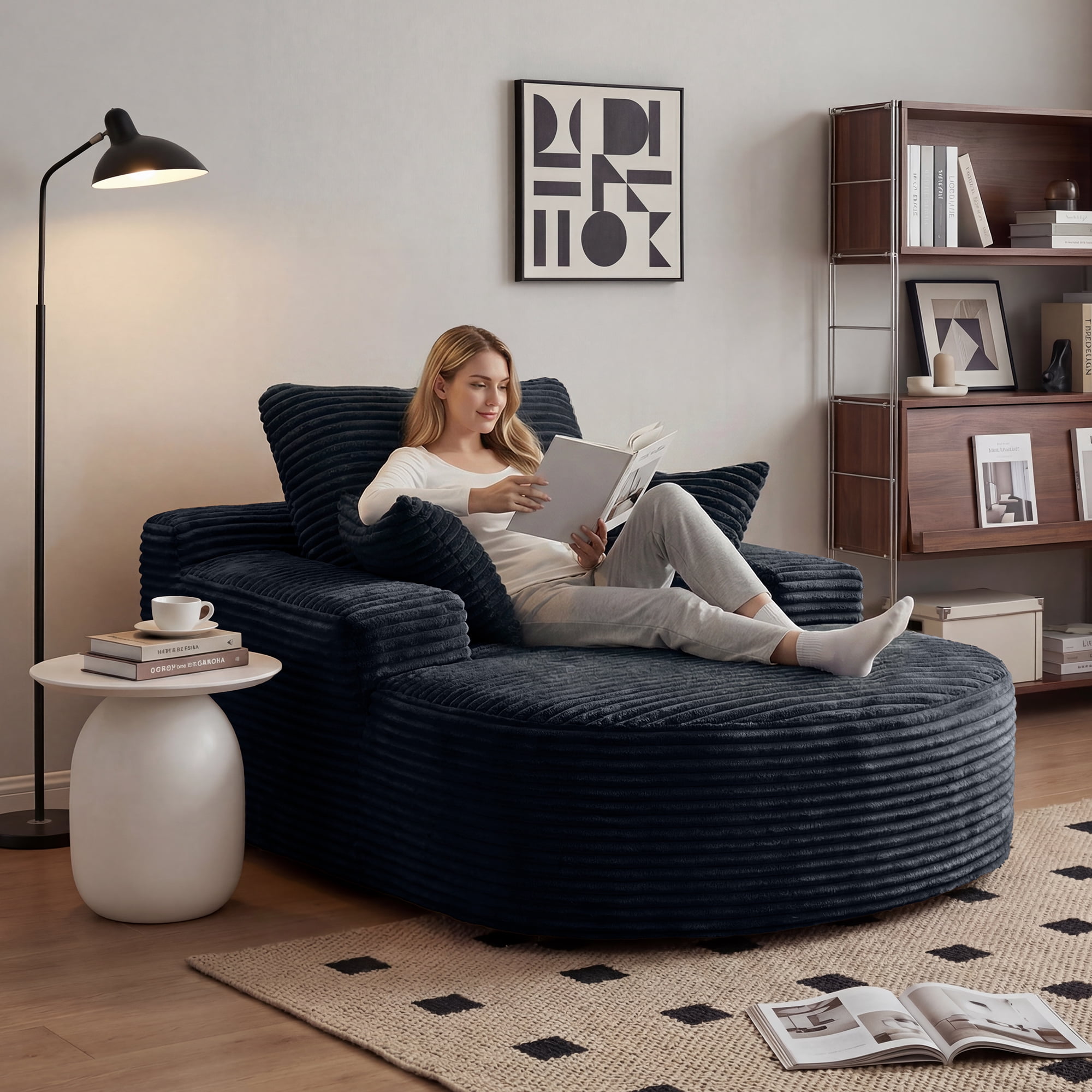 Sdorens 67" Chaise Lounge Chair Indoor,Oversized Corduroy Upholstered Boneless Sofa Bed,Deep Seat Sleeper Couch Reading Chairs Cloud Sofas Couches for Living Room, No Assembly Required (Black)