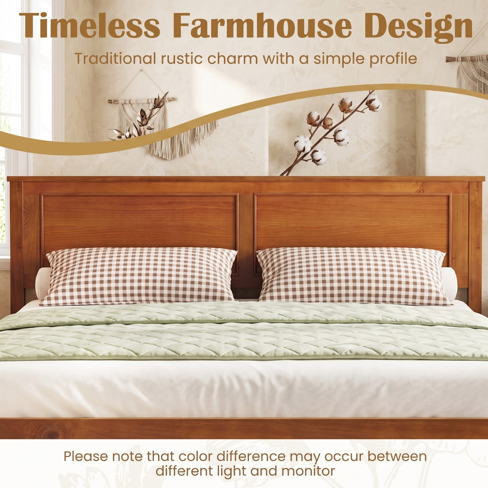 Furnibear Queen Bed Frame, Wood Platform Bed Frame with Paneled Headboard, Queen Bed Frame with Headboard for Farmhouse Bedroom, Walnut