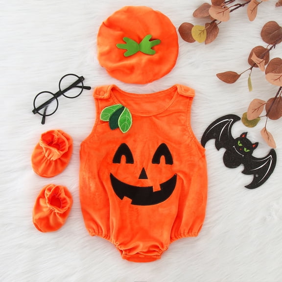 Infant Pumpkin Halloween Costume Romper Hoodie Cotton With Hat Set Newborn Halloween Outfit Girl Baby Halloween Costume 6-12 Months