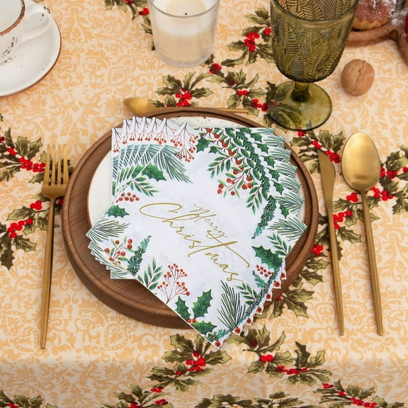 Christmas Dinner Napkins - 20pc 13x13 Inch Double-Sided Holiday Paper Napkins for Parties, Tree Decor & Festive Table Settings (Pine & Berries Print)