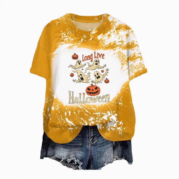 TOWED22 Womens Pumpkin Spooky Halloween Shirts Tie Dye Cute Short Sleeve Ghost Grapghic Tee Ghost Tops Costumes Fall(Yellow,5XL)