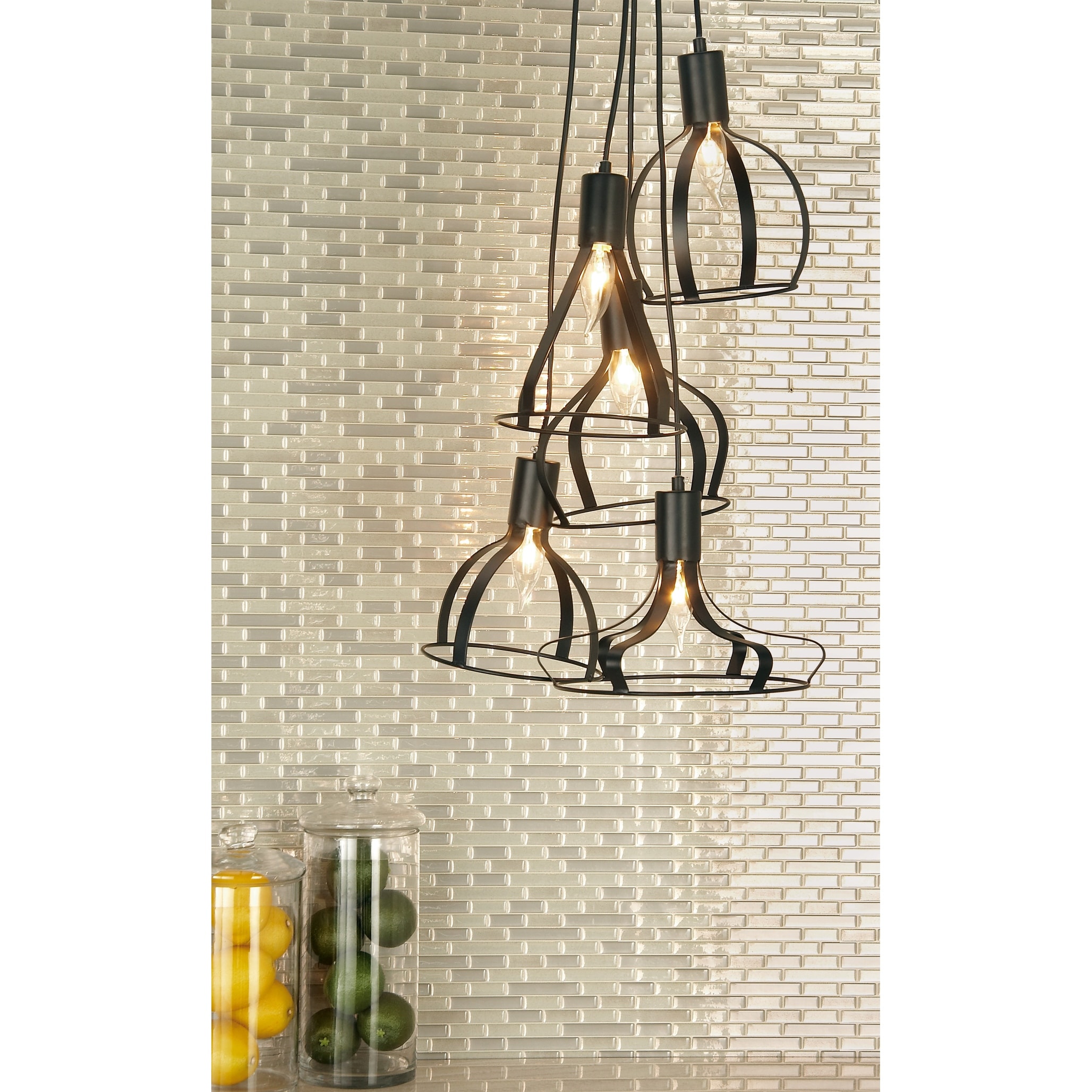 Decmode Contemporary 56 inch black iron bell-shaped five-light pendant lamp with bulb, Black