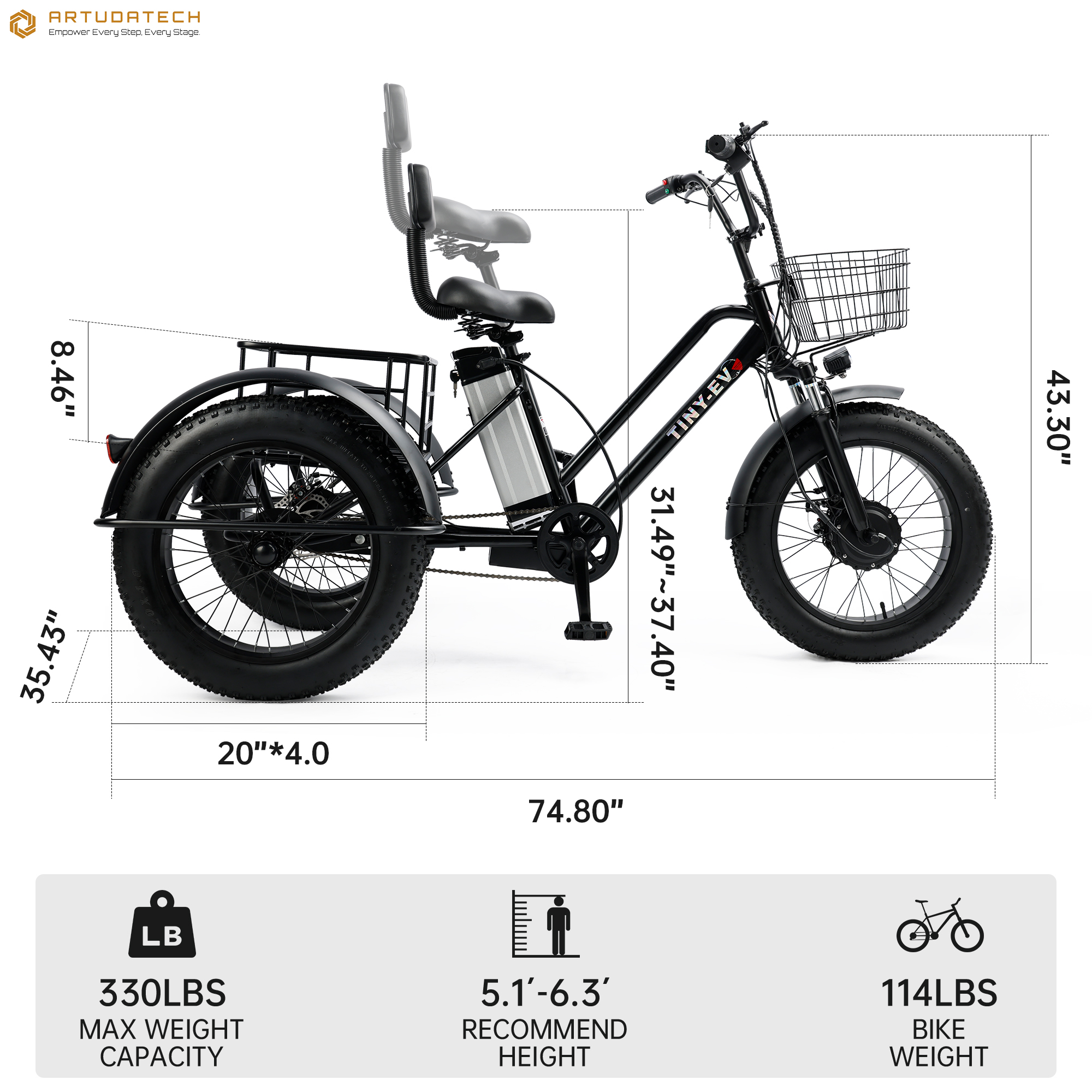 ARTUDATECH Electric Trike for Adults, 500W Motor, 3 Wheel Electric Bike with 25-mile Long Range, Dual Disc Brake, Fat Tire e trike with 48V 13Ah Battery