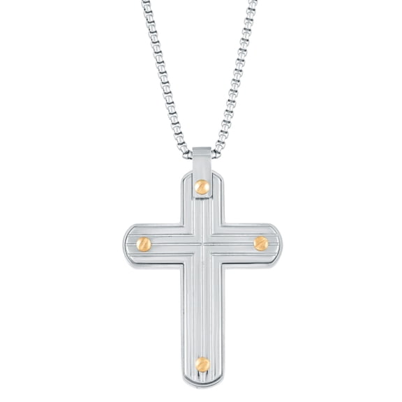 Textured Cross Pendant Necklace in Stainless Steel on 24 Inches Long Box Chain