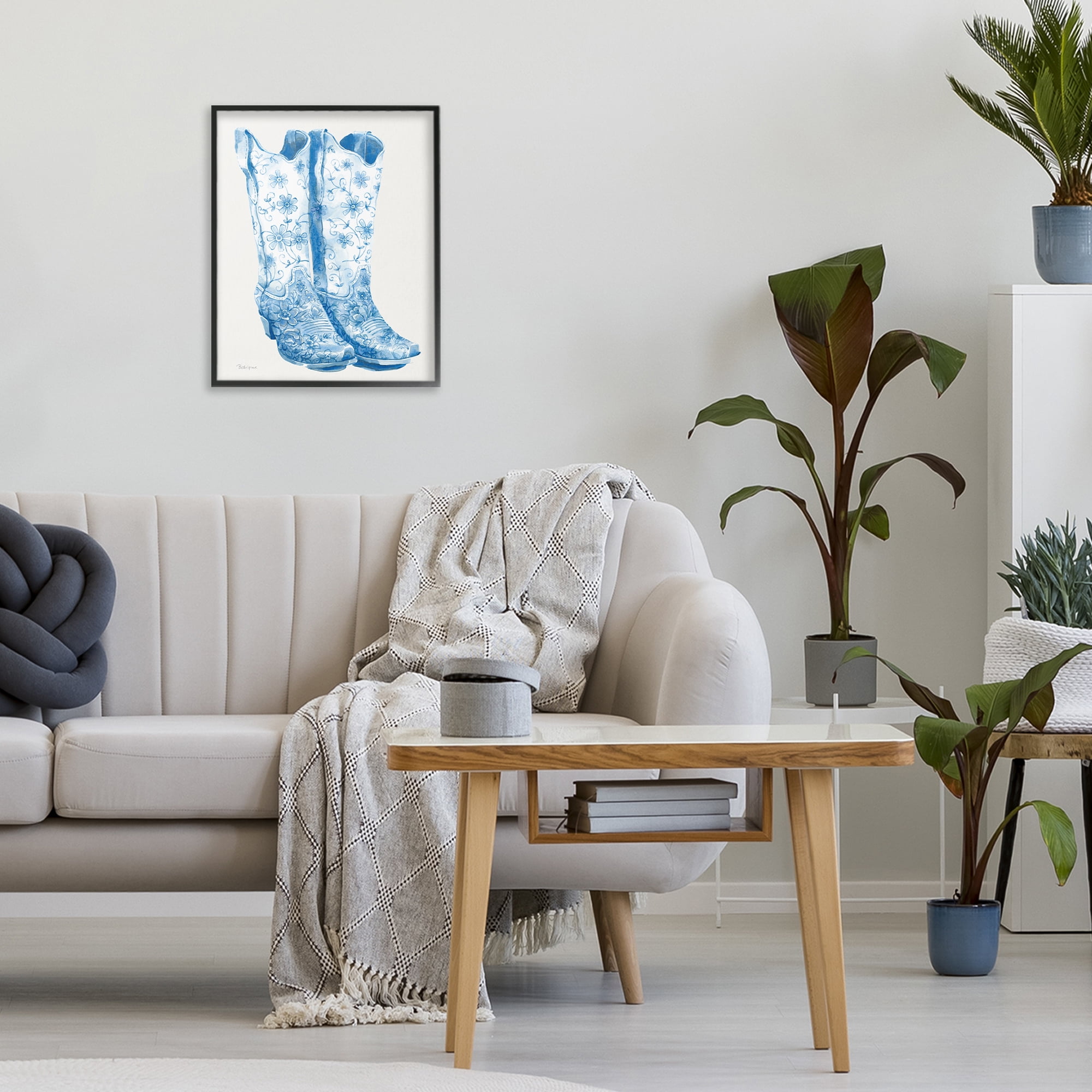 Stupell Industries Blue Boots with Floral Embroidery Black Framed Giclee Art, design by Beth Grove