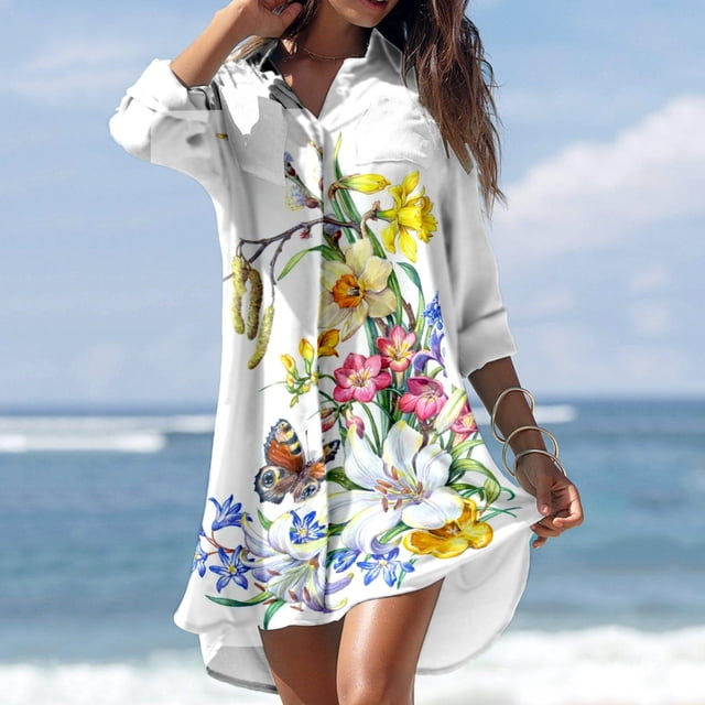 Sorties de Plage de Plage for Femmes 2023 Robe Chemise Décontractée d'Été pour Femmes à Col Rabattu Manches Longues Imprimée avec Boutons et Poches Maillot de Bain Sorties de Plage for Femmes Grande Taille sur Clearance