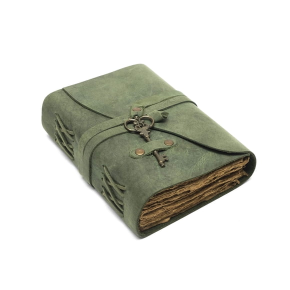Vintage Leather Journal - Antique Handmade Deckle Edge Vintage Paper Leather Bound Journal - Book of Shadows Journal - Leather Sketchbook - Drawing Journal - Great Gift (Green, 9"x6&q