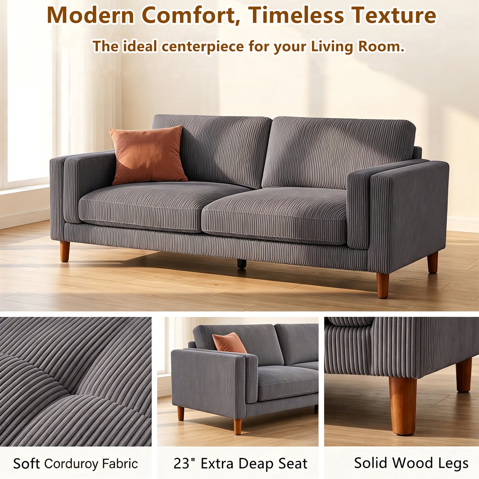 Aukfa 87" Oversized Modern Sofa Couch Deep Seat 3-Seater Sofa for Living Room, Wooden Legs, Corduroy, Gray