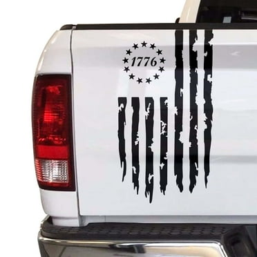 Distressed Betsy Ross Flag 1776 American USA US Flag Truck Tailgate Vinyl Decal fits Most Pickup Trucks EUA Flag Rear Graphic Bumper Sticker for Car SUV Van Windows (11" x 20", Black)