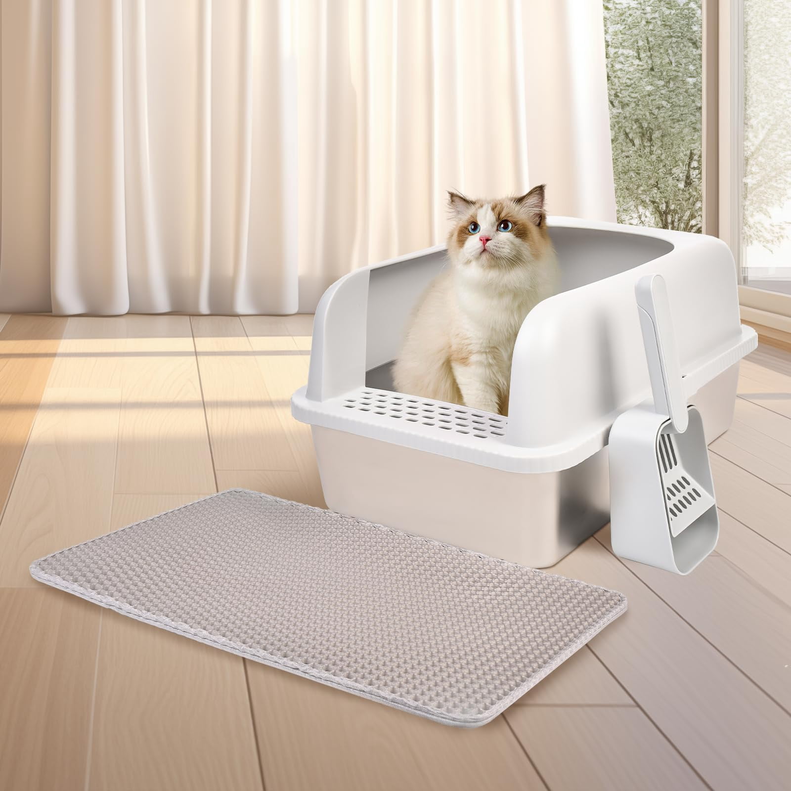 Stainless Steel Cat Litter Box With Lid  24" L X 16" W 11.8" H Extra Large For Big Cats High Sided Anti-urine Leakage Easy Cleaning Include Mat And Scoop