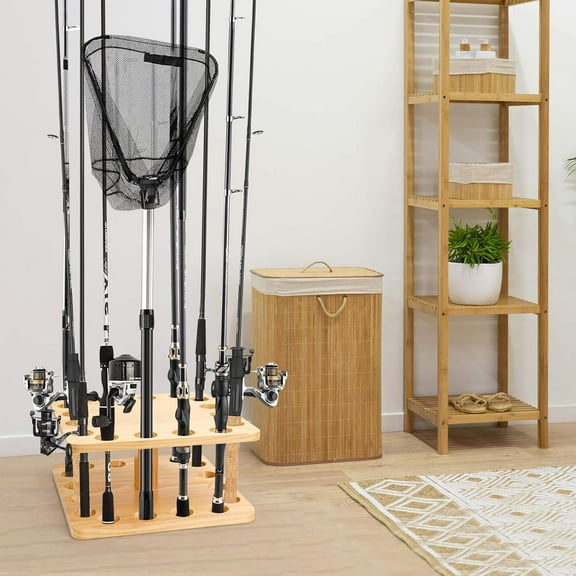 Wood Fishing Rod Holder for Garage, Floor Stand Holds to 16 Rods, Fishing Gear Storage Organizer