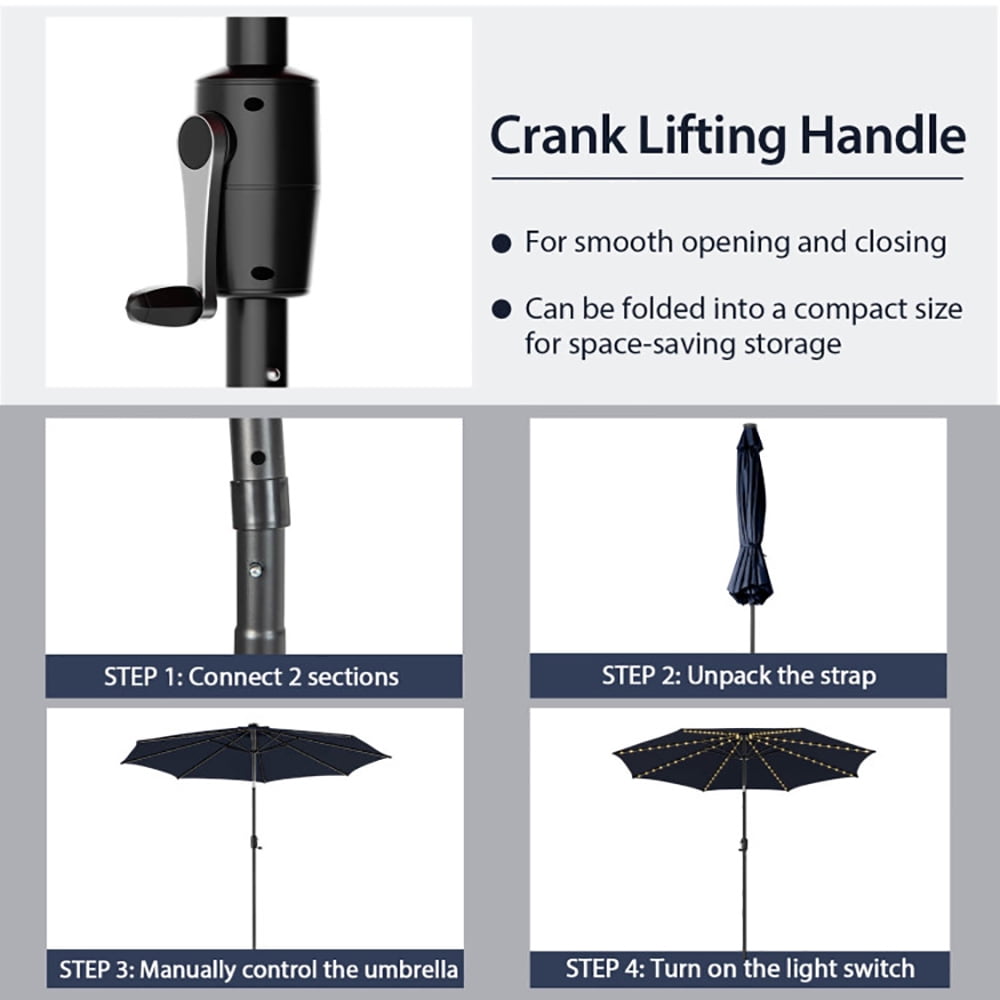 Aimee Lii 10 Feet Patio Umbrella with 112 Solar Lights and Crank Handle, Sunbrella Patio Umbrellas, Navy