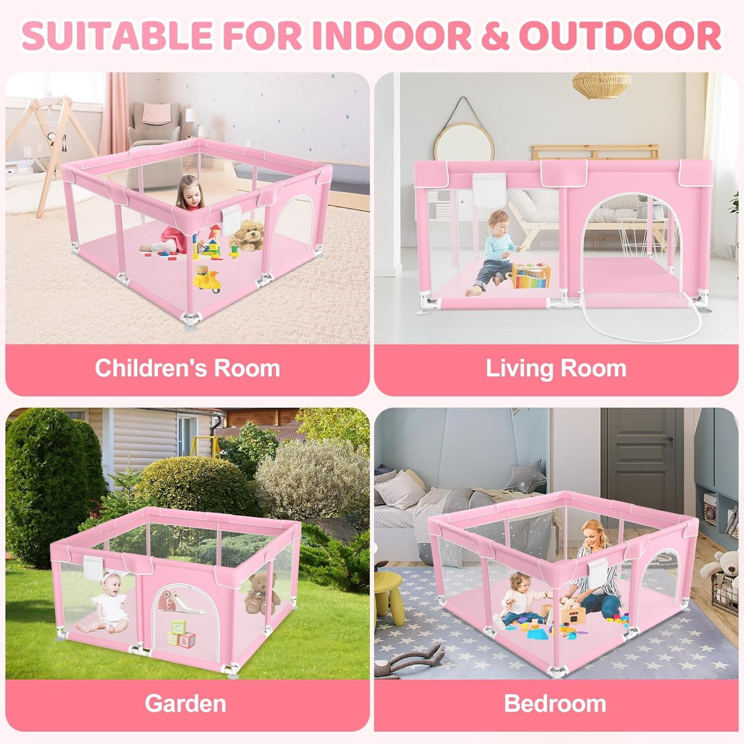 kmaier Baby Play Yards, 360° Visibility Baby Playpen, Sturdy Secure, Large Tourist Fence for Toddler-Pink