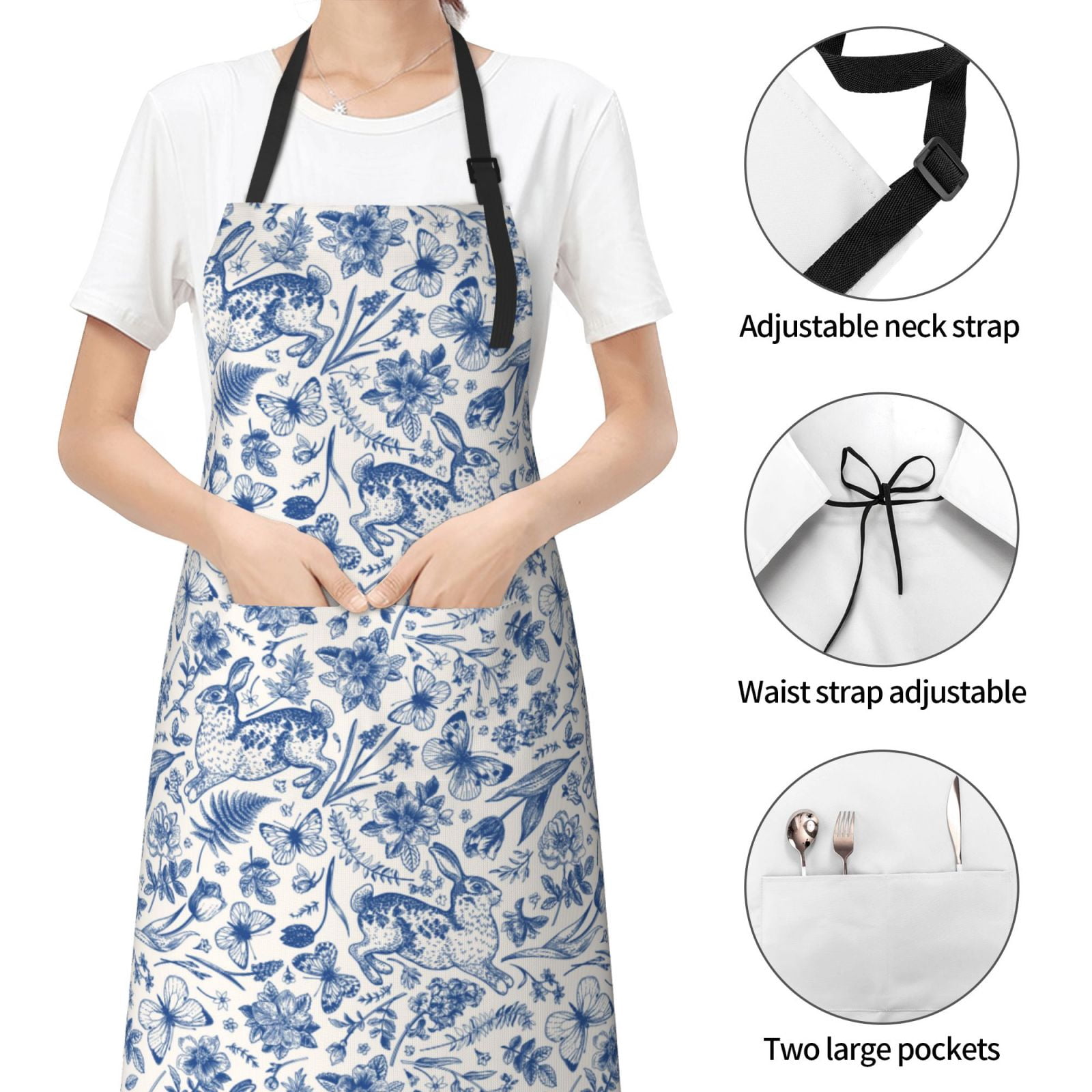 Kdxio Rabbit And Butterfly Apron with Pockets Adjustable Kitchen Aprons for Men Women Waterproof Aprons for Cooking,Drawing,Crafting, Baking Household Cleaning