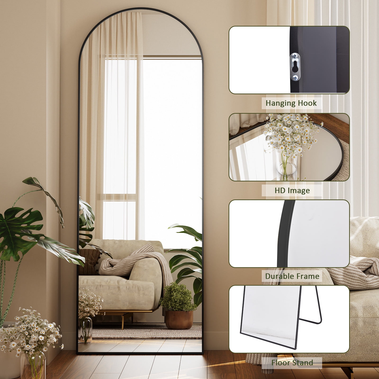 Mirrosa 68"x 22" Arched Full Length Mirror with Stand Standing Mirror,Black