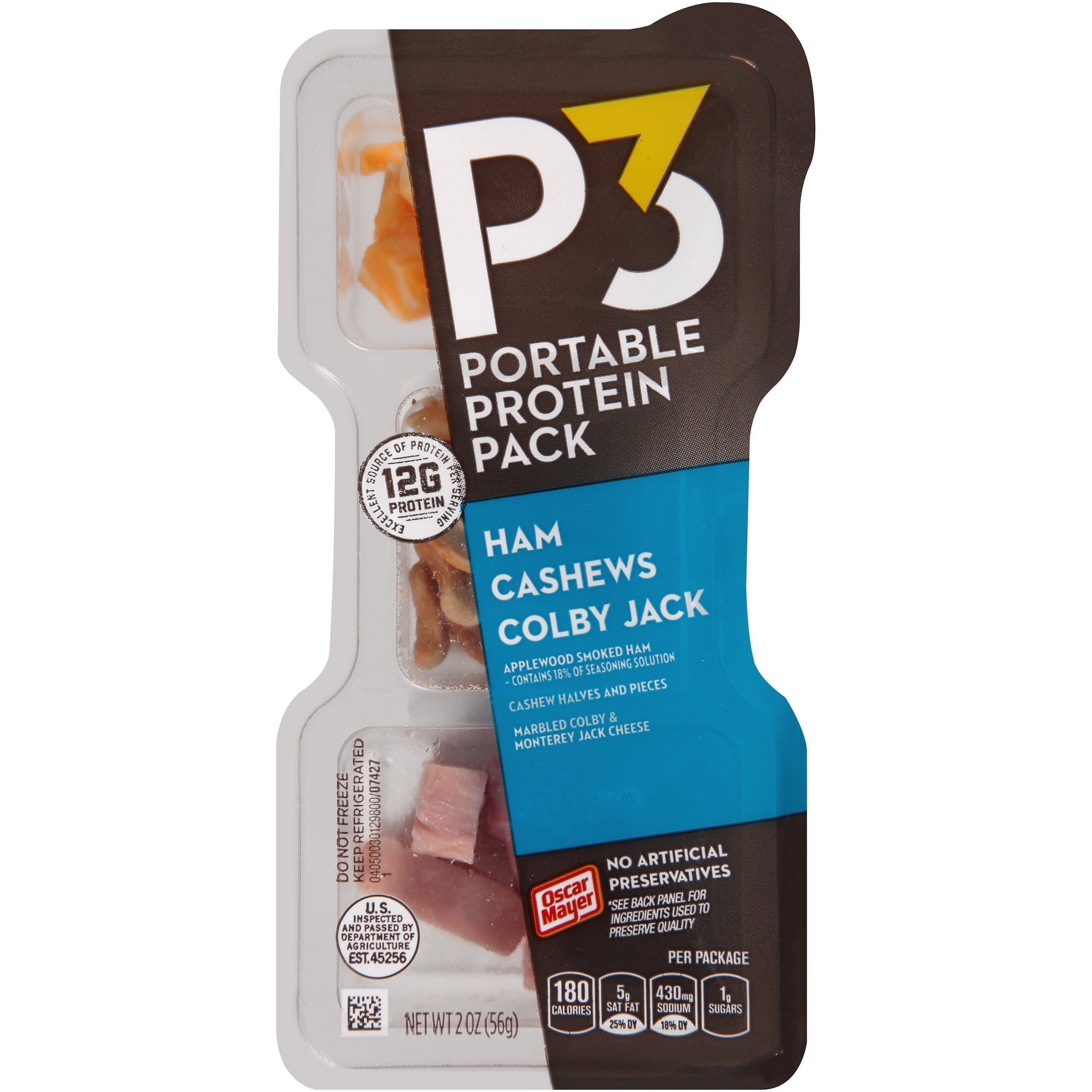 P3 Portable Protein Snack Pack with Ham, Cashews & Colby Jack Cheese, 2