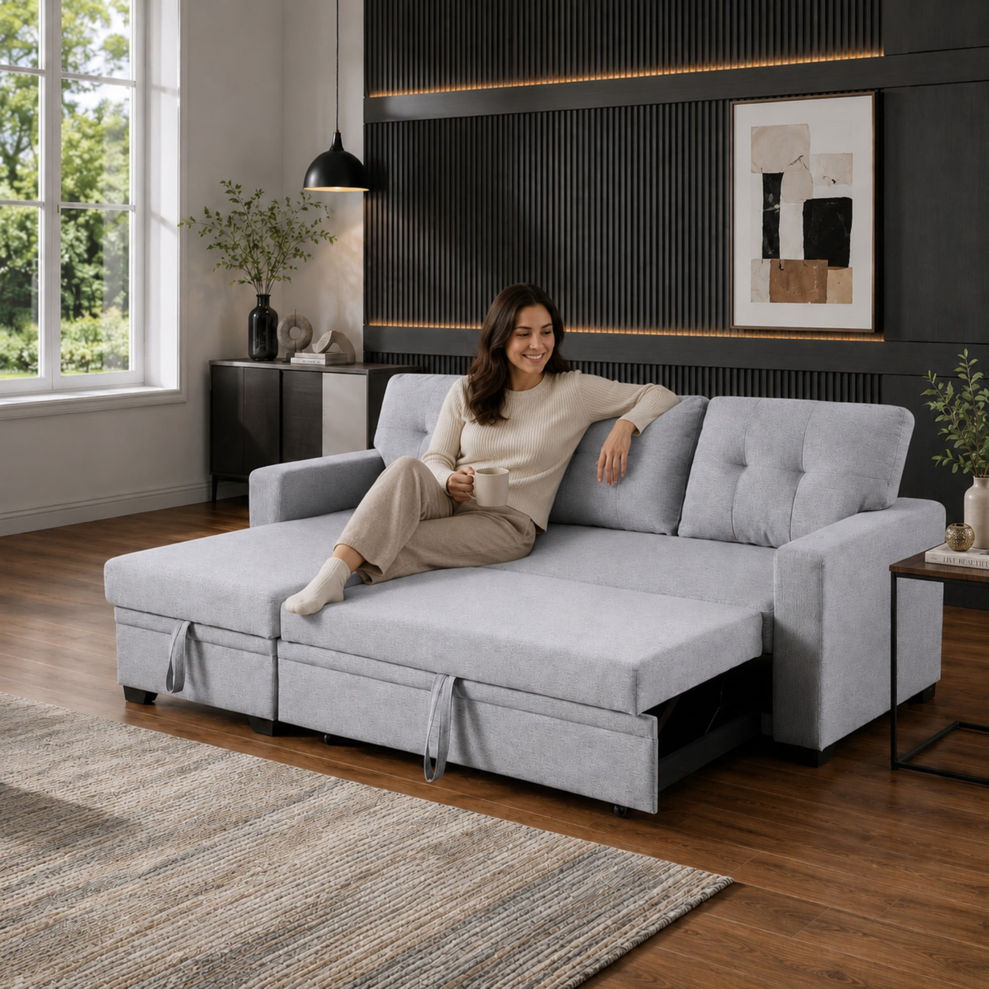 BSHTI 82" 3-Seat Linen Pull Out Sectional Sleeper Sofa with Storage Chaise, Removable Back Cushions for Living Room（Light Gray）