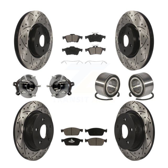 Transit Auto Front Rear Wheel Hub Bearing Assembly Coated Disc Brake Rotors and Ceramic Pads Kit (10Pc) for Car 2013-2016 Ford Escape AWD with 2.0L 1.6L - Left Right Side (Driver Passenger) KBB-117560